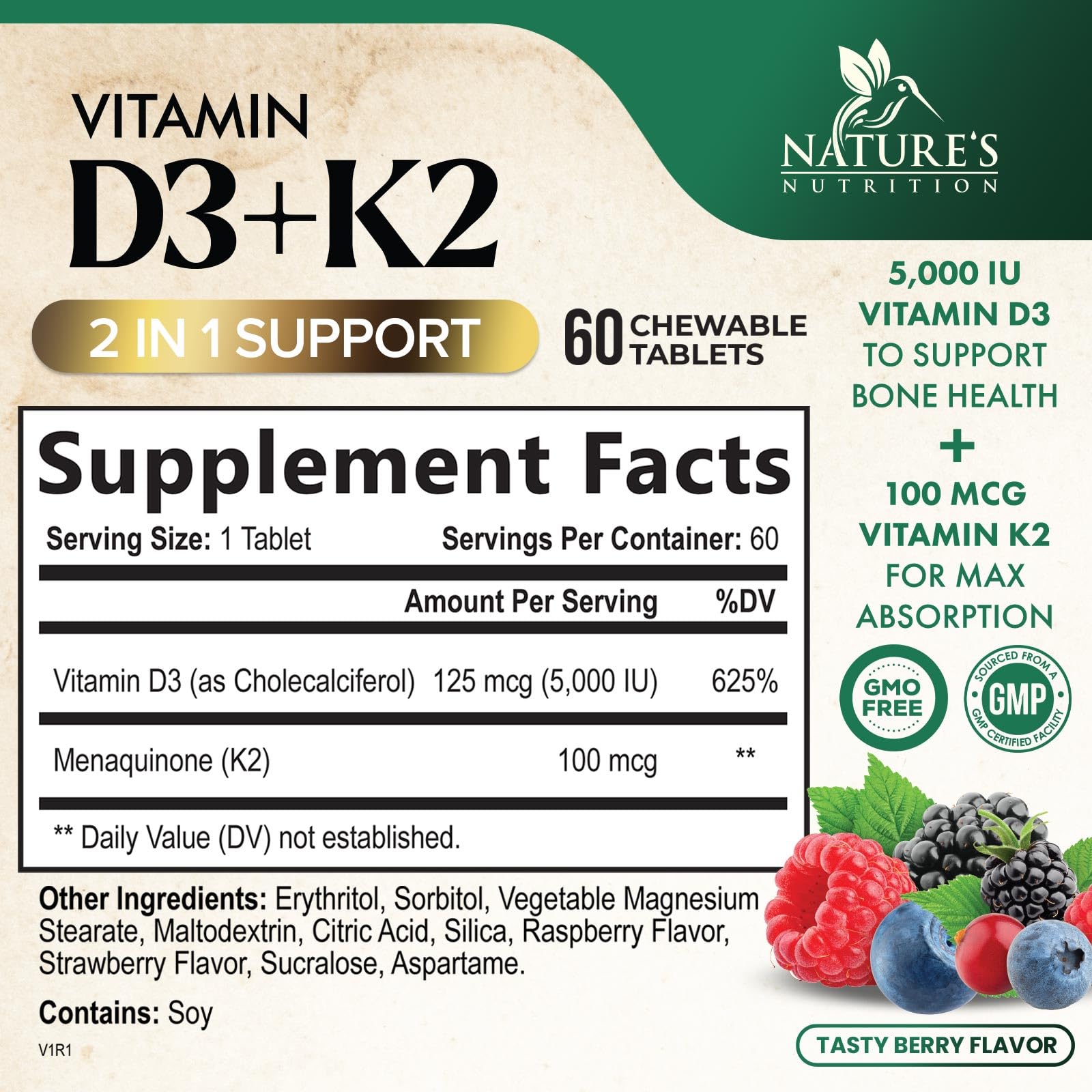 Nature's Nutrition D3 K2 5000 IU per tablet supports calcium absorption and bone health