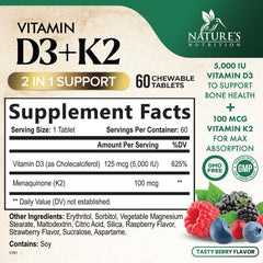 Nature's Nutrition D3 K2 5000 IU per tablet supports calcium absorption and bone health