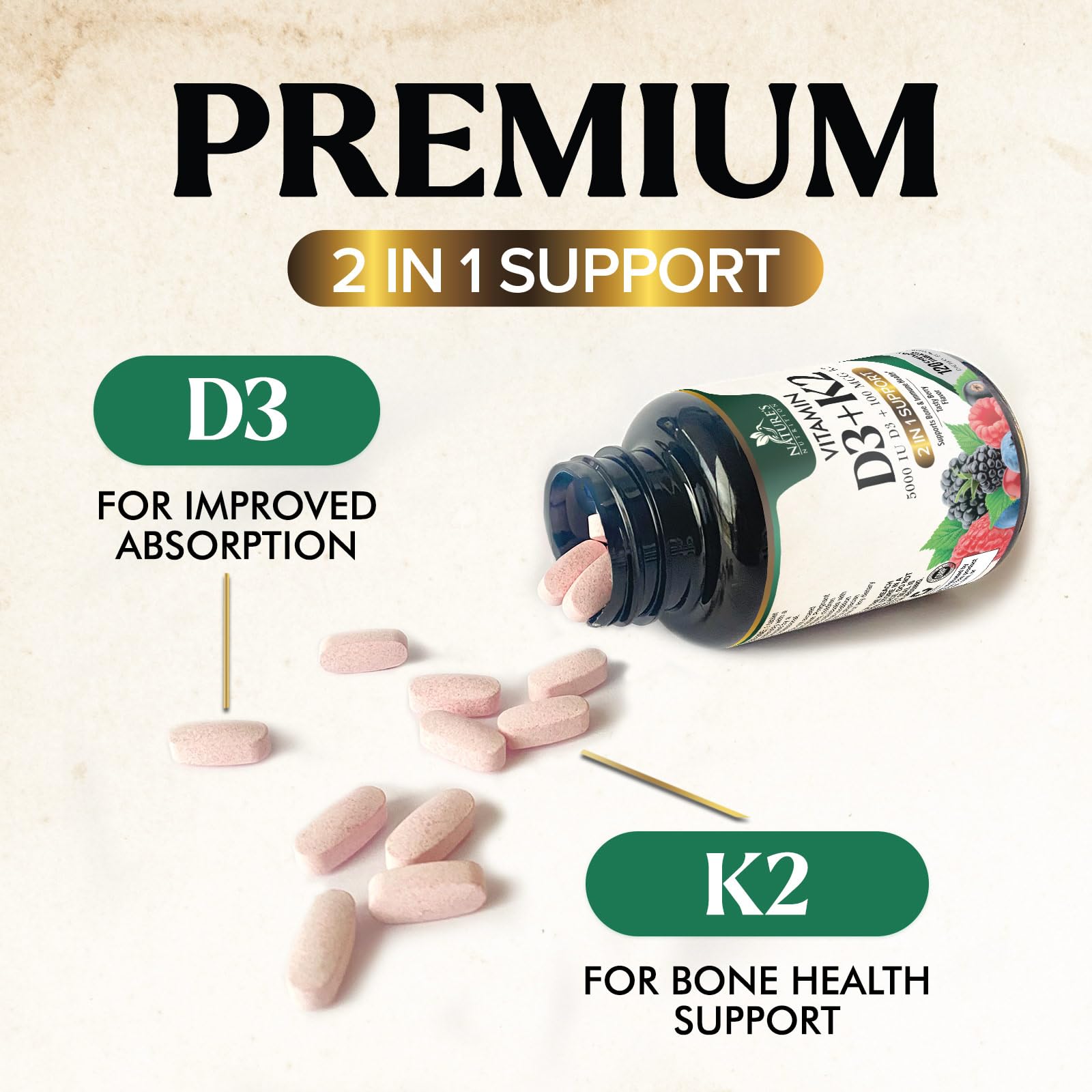 Nature's Nutrition D3 K2 supplement for immune and teeth health rituals.