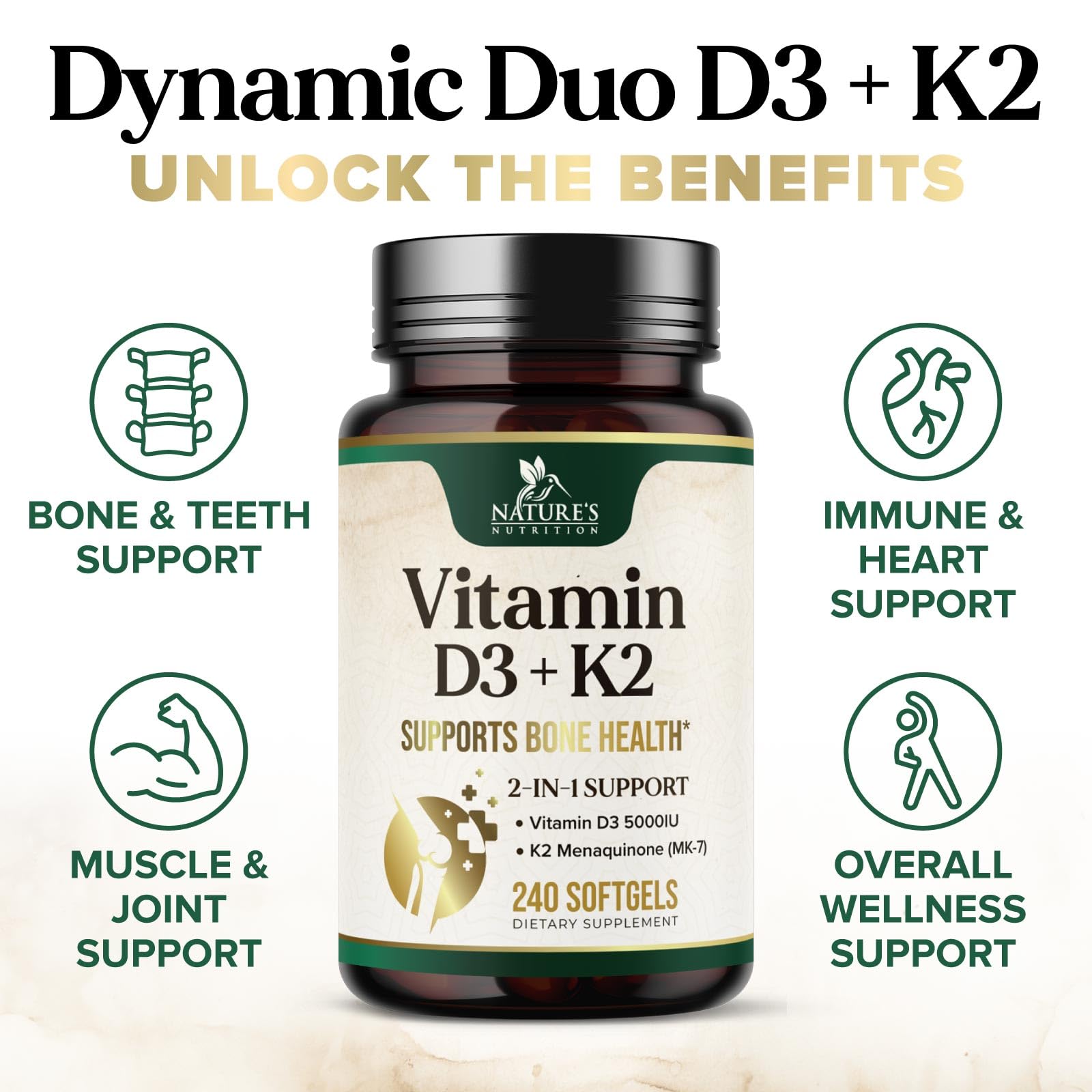 Nature's Nutrition D3K2 softgels emphasize strong bones and teeth benefits.