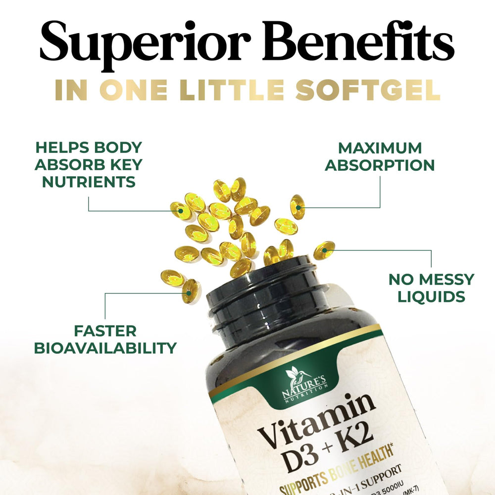 Nature's Nutrition D3K2 oil-based formula bottle with capsules ready to take.