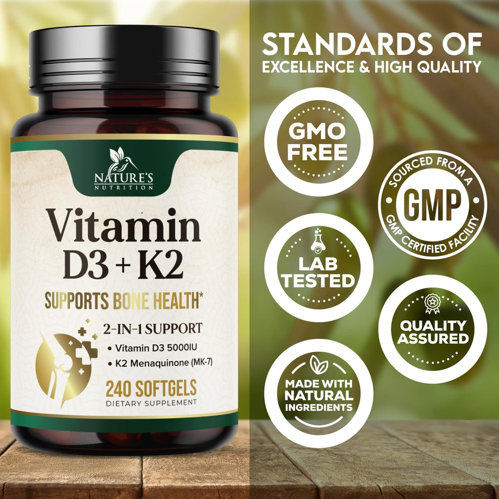Nature's Nutrition D3K2 bottle illustrating immune-support and daily wellness use.