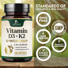 Nature's Nutrition D3K2 bottle illustrating immune-support and daily wellness use.