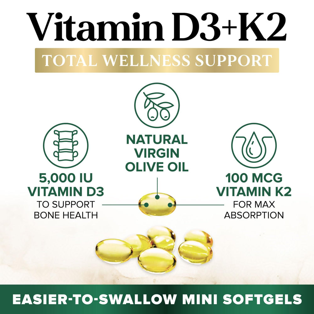 Nature's Nutrition D3K2 oil formula label emphasizes 5000 IU D3 and MK-7 100 mcg.