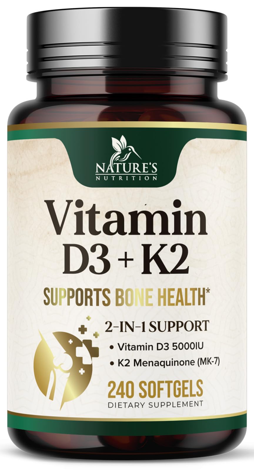 Nature's Nutrition D3K2 softgels bottle on table highlighting bone support potential.