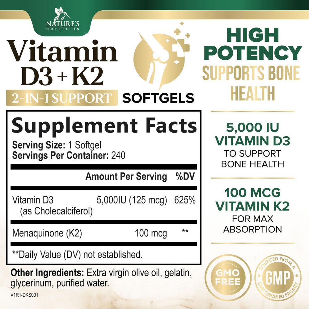 Nature's Nutrition D3K2 softgels closeup showing glossy oil-based capsules for absorption.