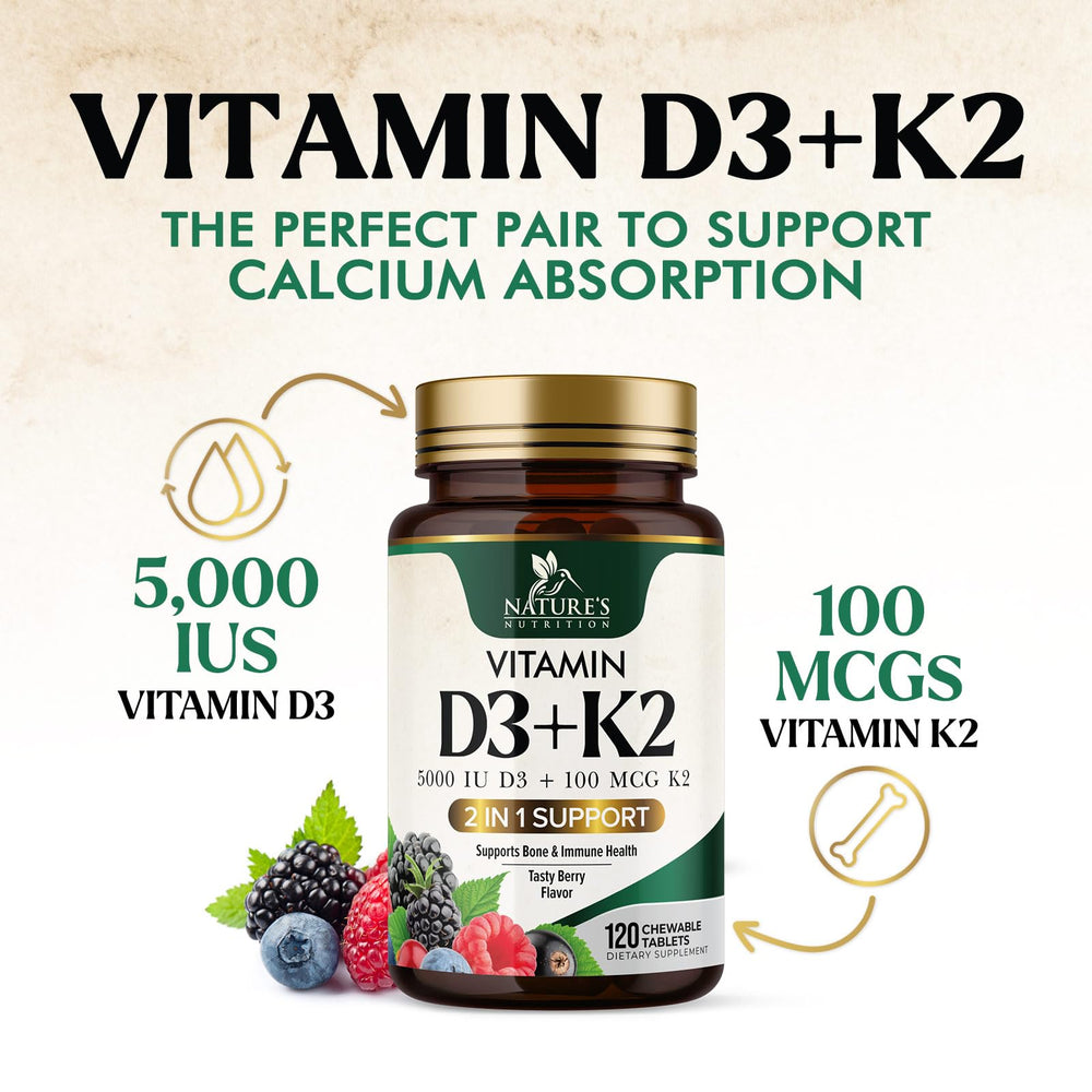 Nature's Nutrition vitamin D3 K2 chewables support calcium delivery to bones.