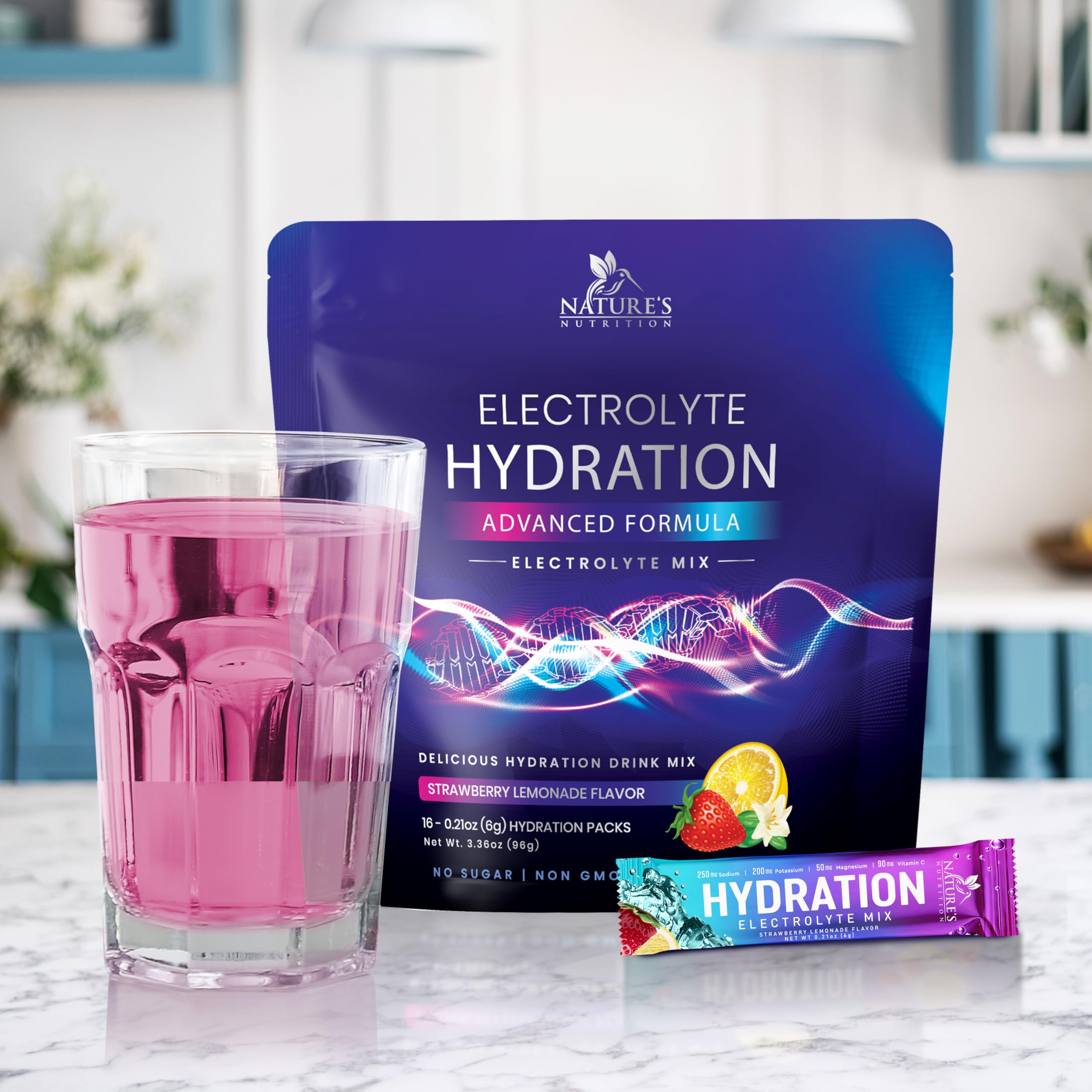Nature's Nutrition electrolytes packet hydration on the go after workouts.
