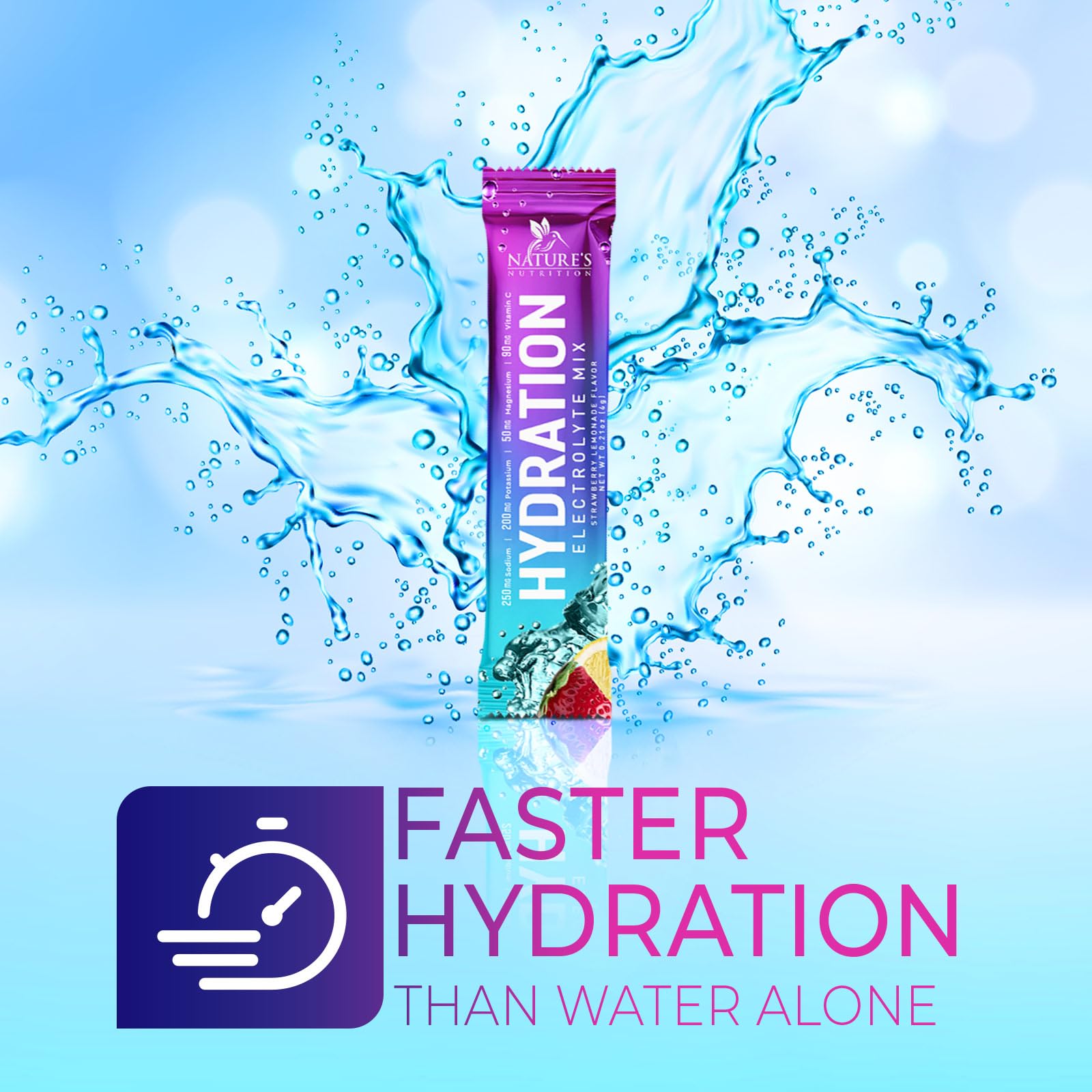 Nature's Nutrition electrolytes packet sugar-free label highlights clean ingredients.
