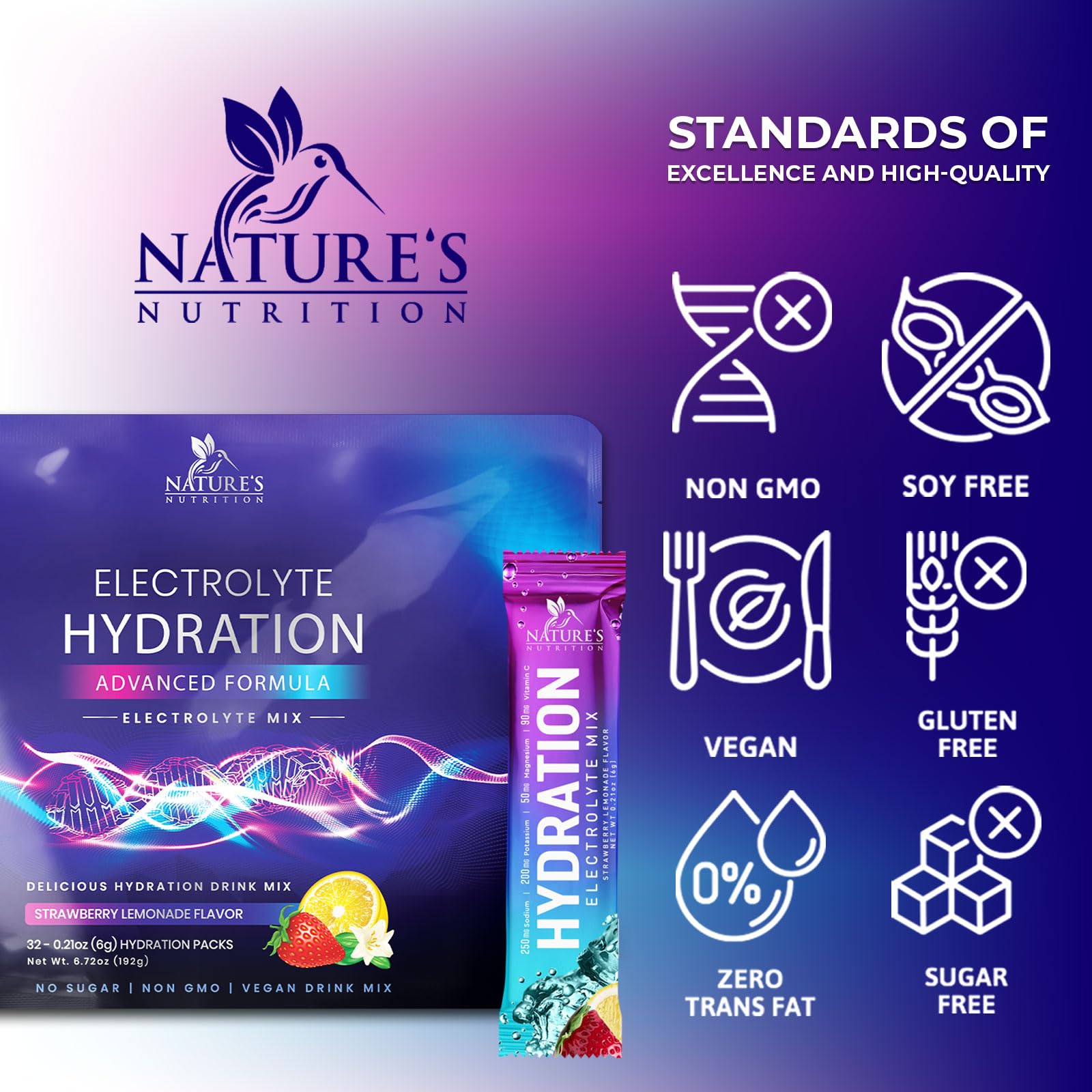 Nature's Nutrition electrolytes packets in a bag for convenient hydration anywhere