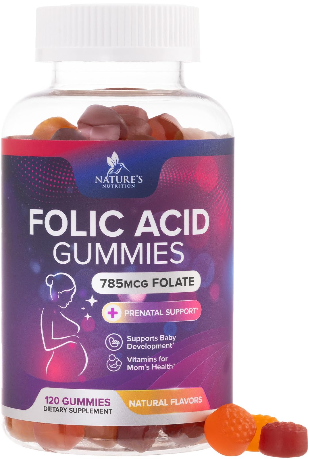 Nature's Nutrition Folic Acid Gummies bottle showing 785mcg per gummy for prenatal support.