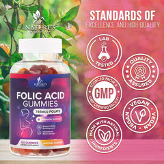 Gummies label displaying 785mcg folic acid per gummy for clarity.