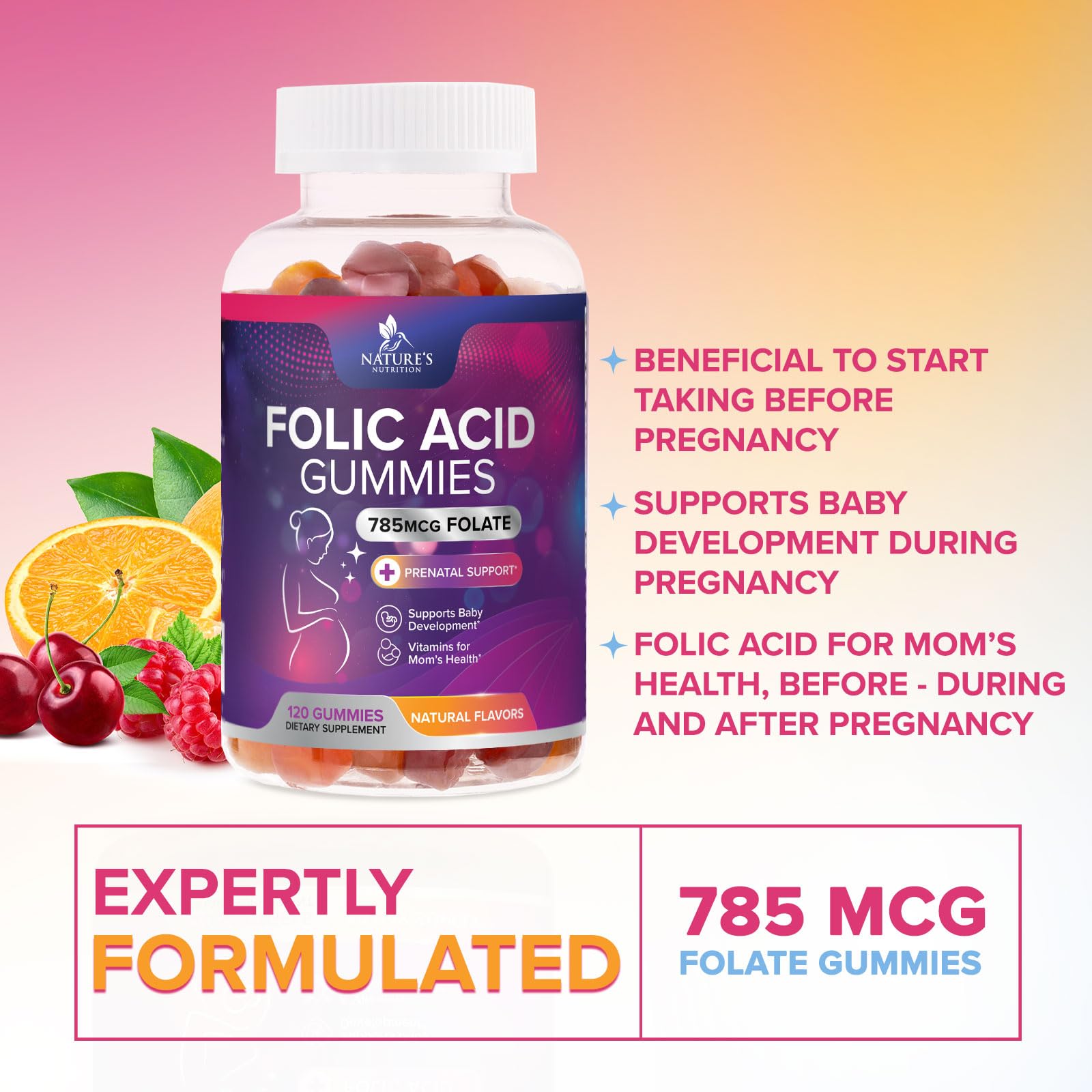 Ingredients panel close-up on Nature's Nutrition folic acid gummies.