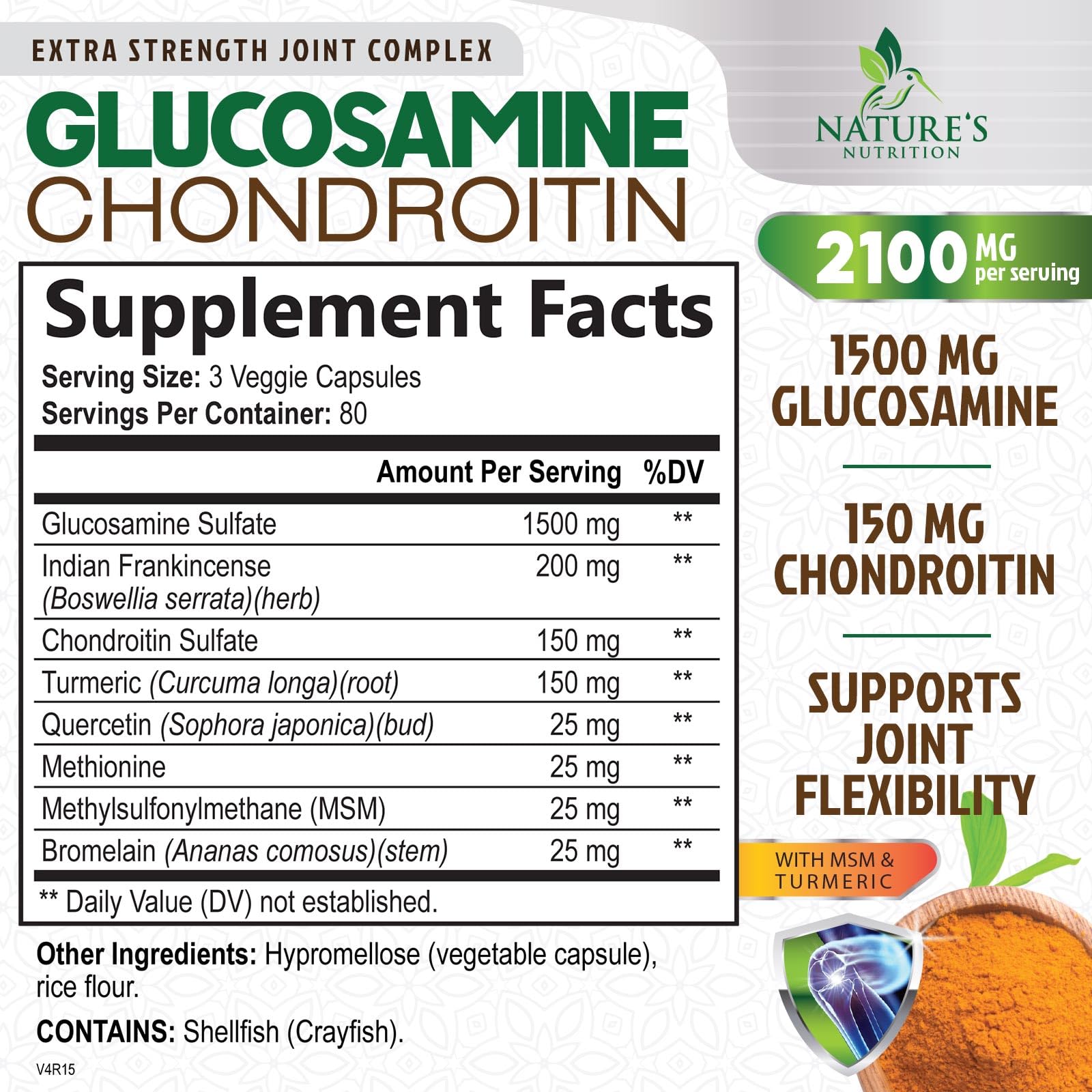 Nature's Nutrition glucosamine chondroitin MSM 2100mg label close-up showing ingredients