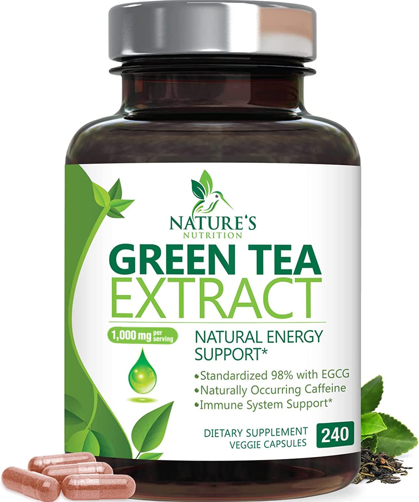 Nature's Nutrition Green Tea Extract Capsules 1000 mg bottle front showing energy-boosting formula