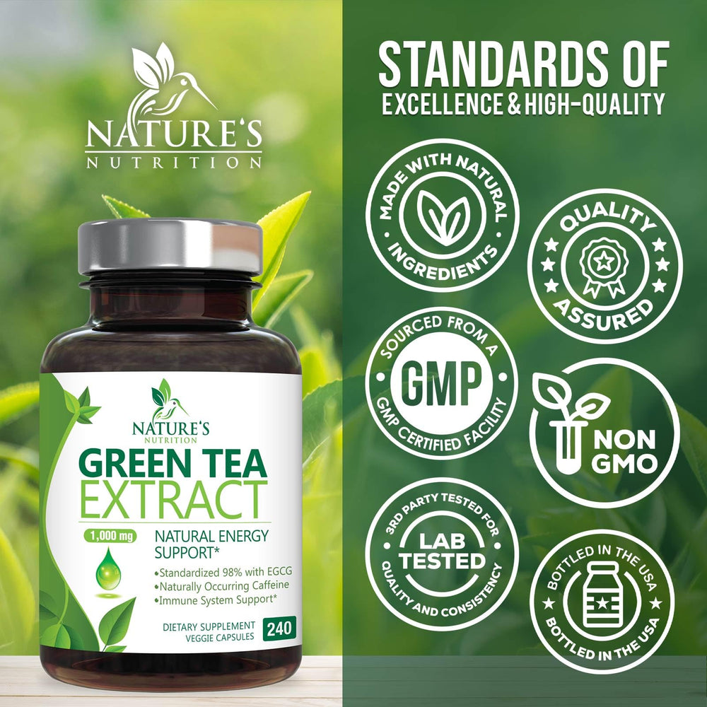 Nature's Nutrition bottle pour of green tea extract capsules 1000 mg