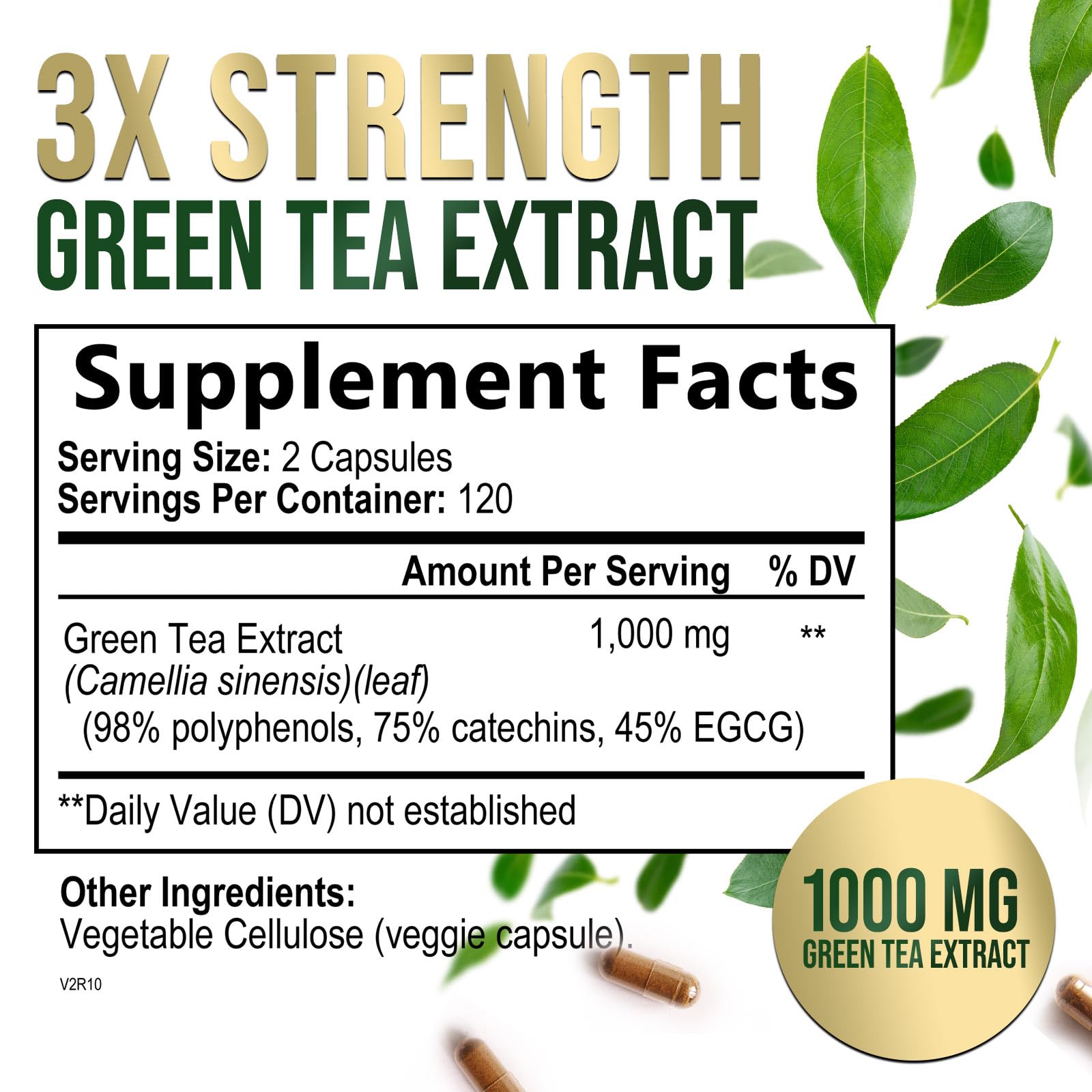 Nature's Nutrition Green Tea Extract Capsules 1000 mg bottle side view