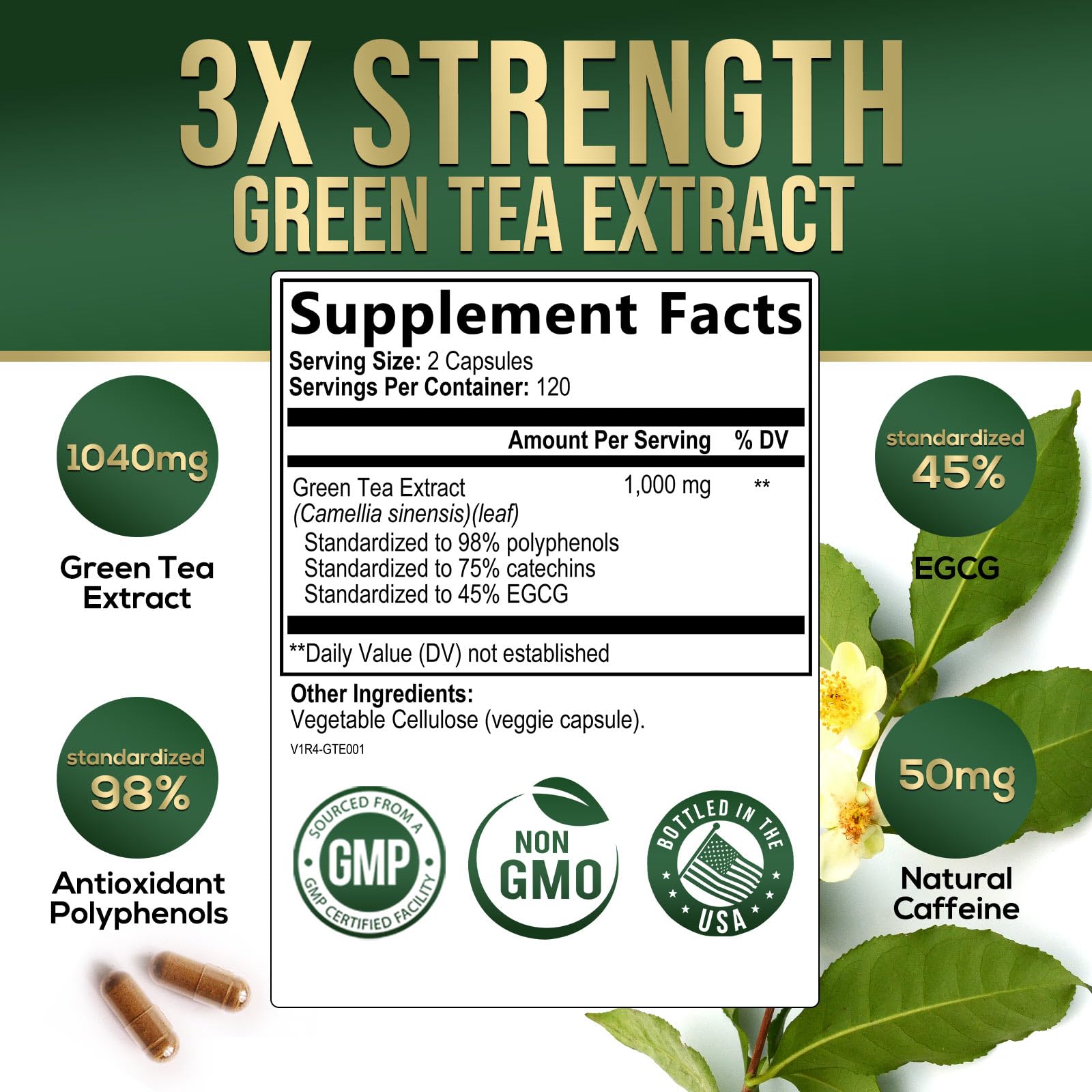 Nature's Nutrition Green Tea Extract capsules close-up highlights convenient 1000 mg daily use.