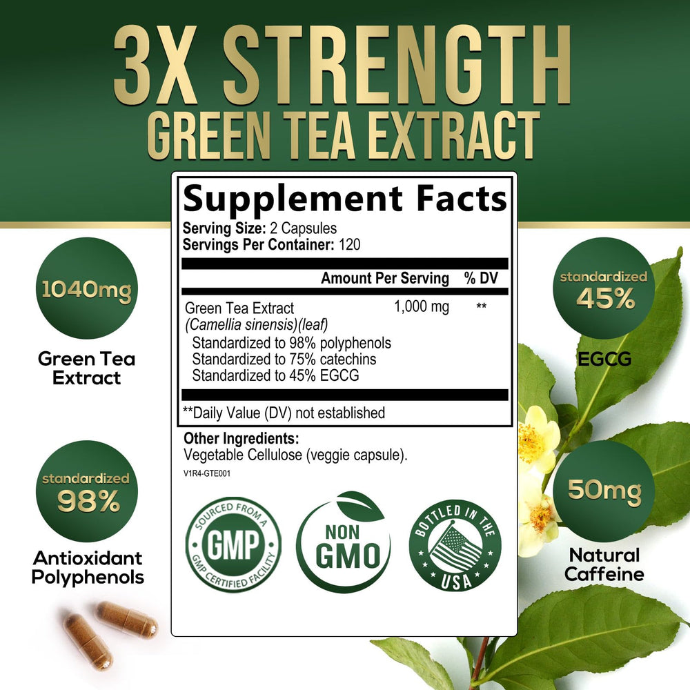 Nature's Nutrition Green Tea Extract capsules close-up highlights convenient 1000 mg daily use.