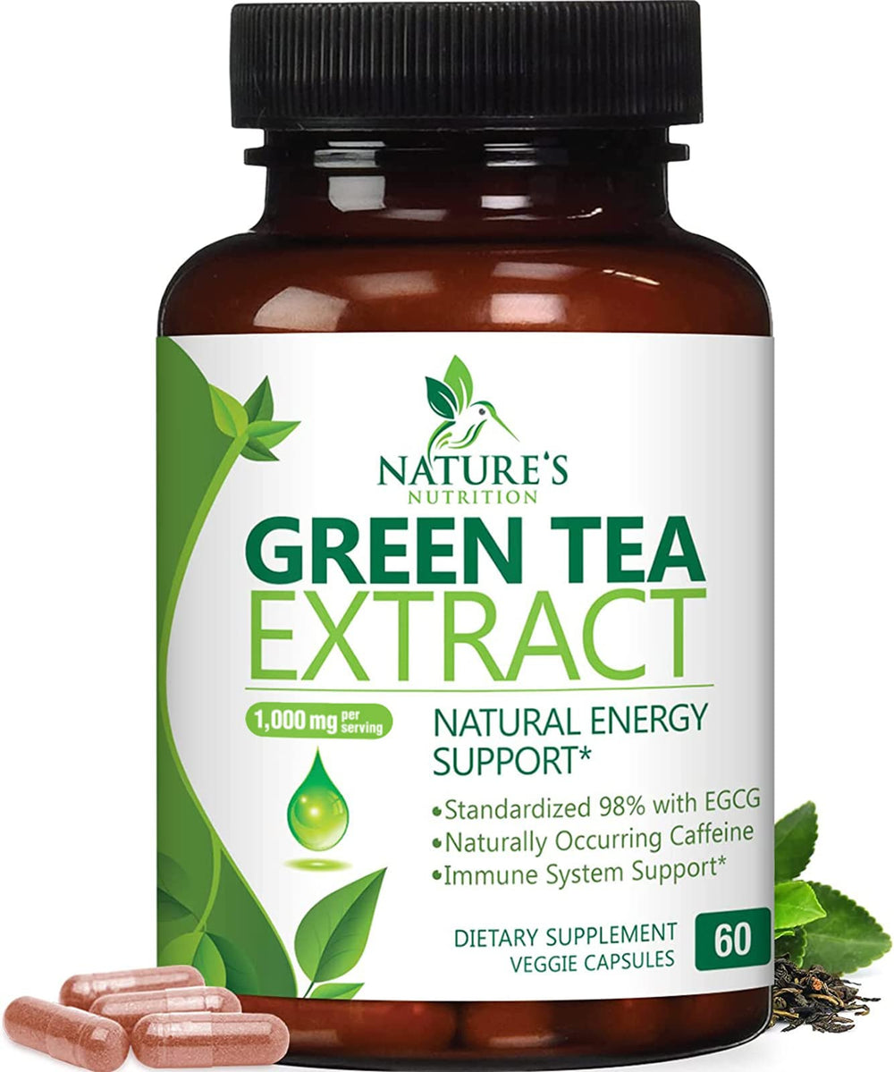 Nature's Nutrition Green Tea Extract capsules on the bottle for daily energy