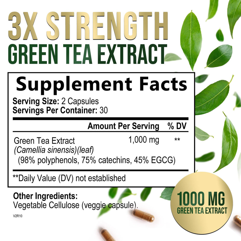 Nature's Nutrition Green Tea Extract label closeup highlighting 1000 mg for energy support