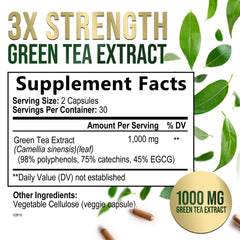 Nature's Nutrition Green Tea Extract label closeup highlighting 1000 mg for energy support