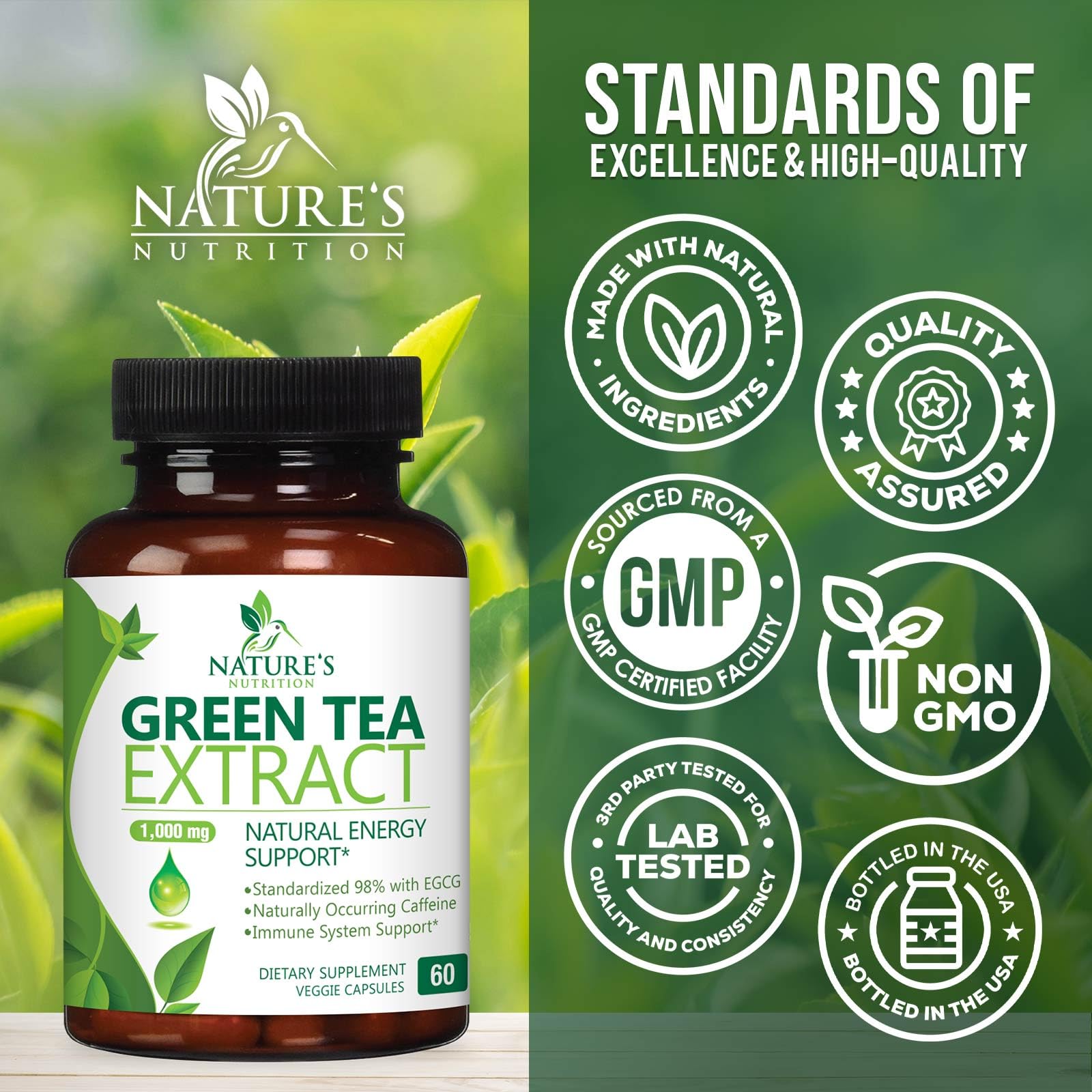 Nature's Nutrition Green Tea Extract capsules with measuring spoon for daily regimen