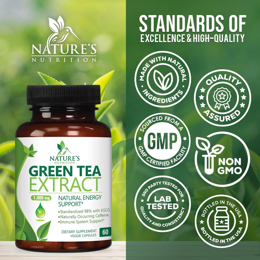 Nature's Nutrition Green Tea Extract capsules with measuring spoon for daily regimen