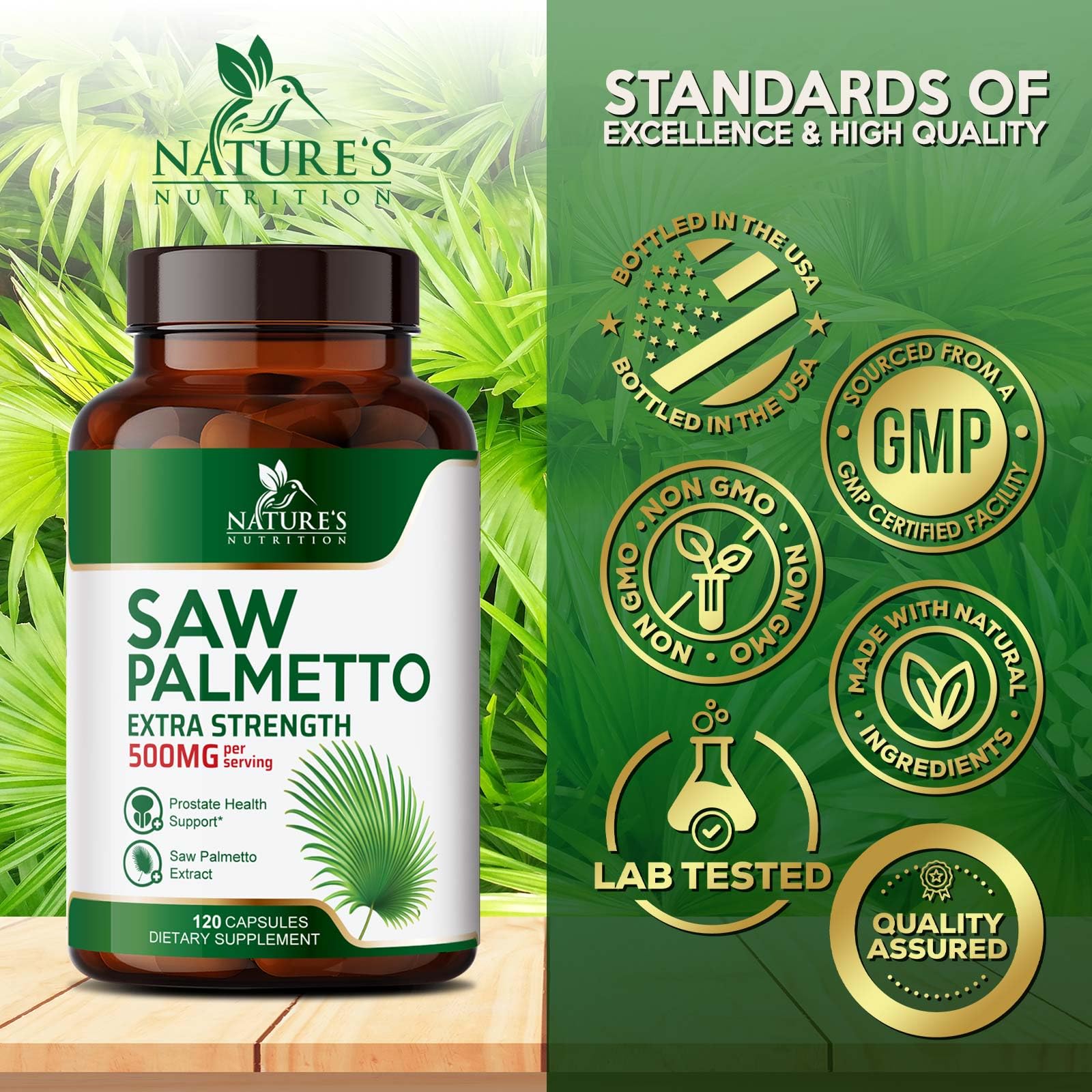 Nature's Nutrition Saw Palmetto hair health capsules for hair support.
