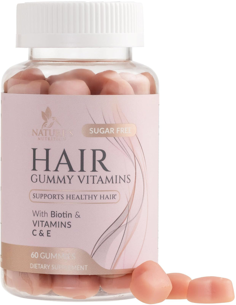Nature's Nutrition Hair Vitamins Gummies bottle shows high-potency biotin for hair health