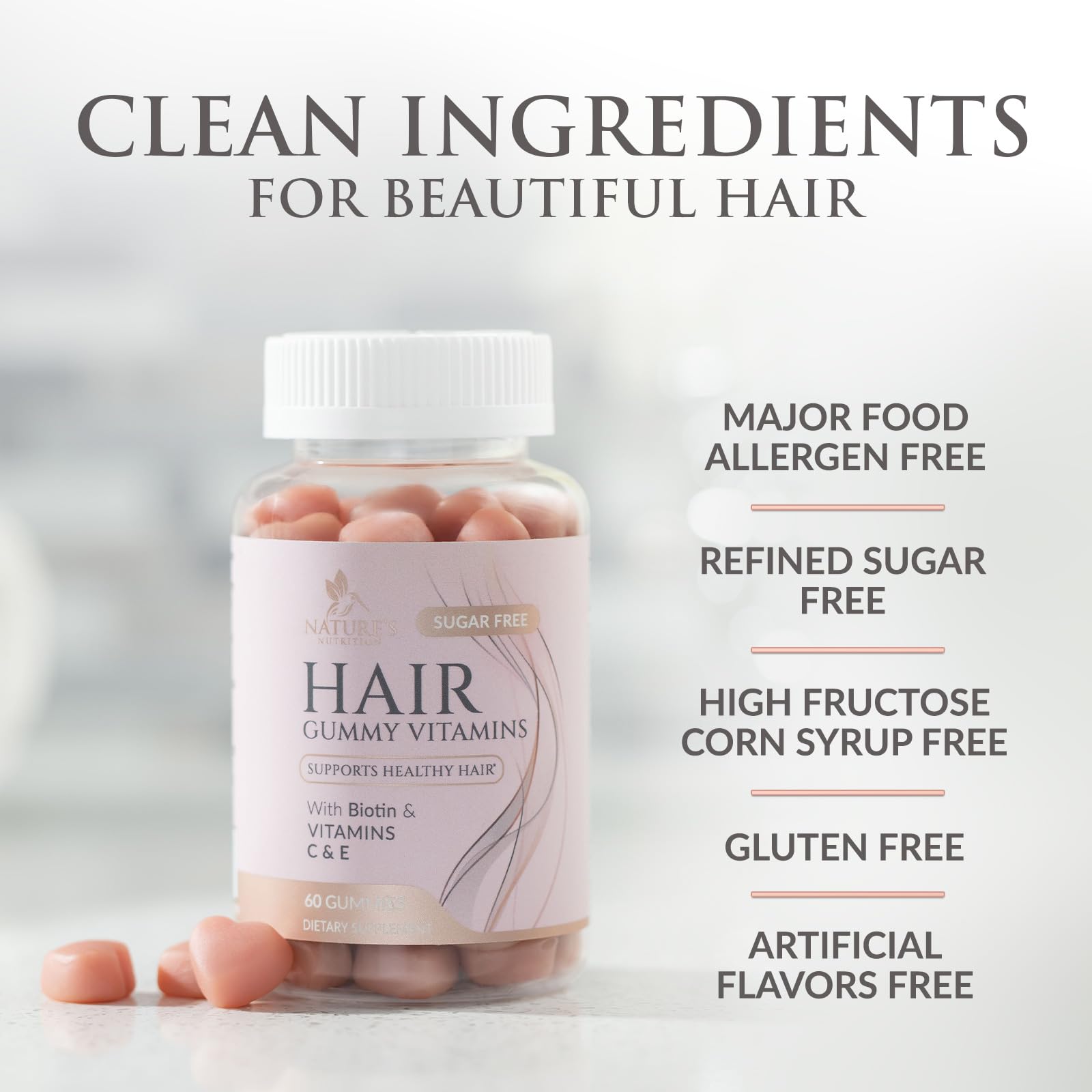 Nature's Nutrition Hair Vitamins Gummies on hair focus imagery suggesting growth support