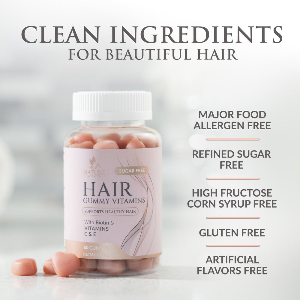 Nature's Nutrition Hair Vitamins Gummies on hair focus imagery suggesting growth support