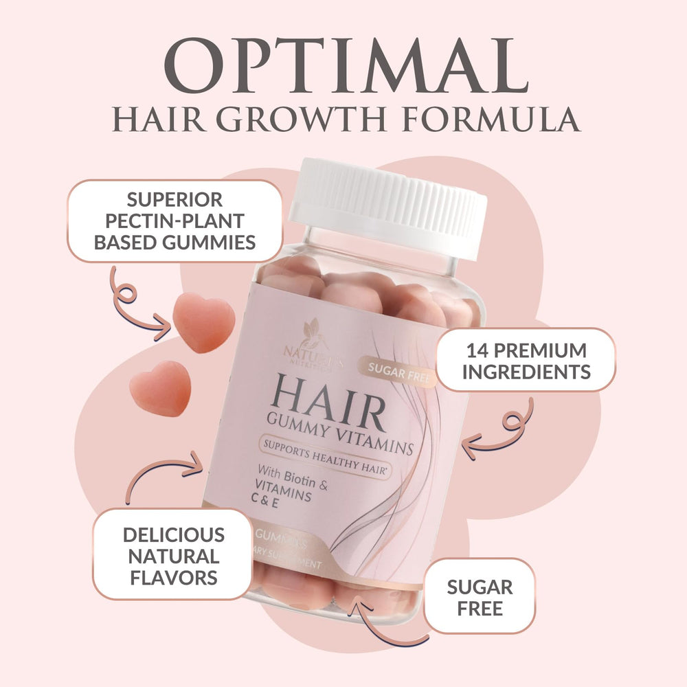 Nature's Nutrition Hair Vitamins Gummies ingredients page underscores vegetarian-friendly formula
