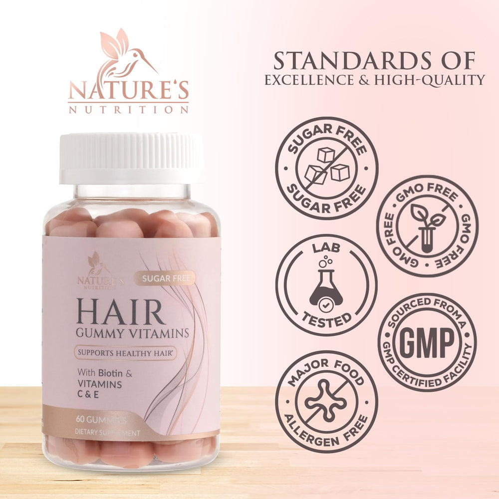 Nature's Nutrition Hair Vitamins Gummies label features vitamins E and C for skin health