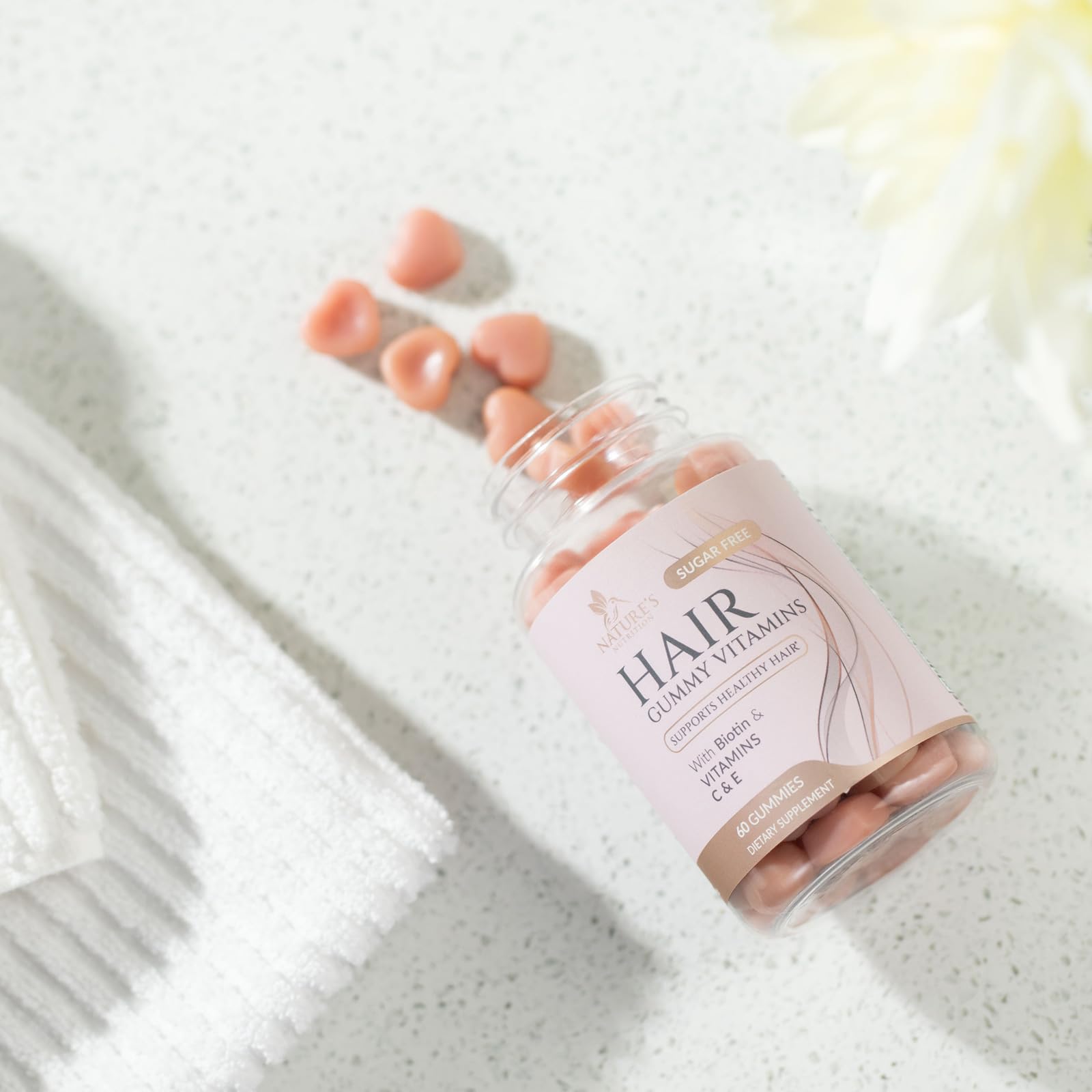 Nature's Nutrition Hair Vitamins Gummies packaging on shelf suitable for vegetarians
