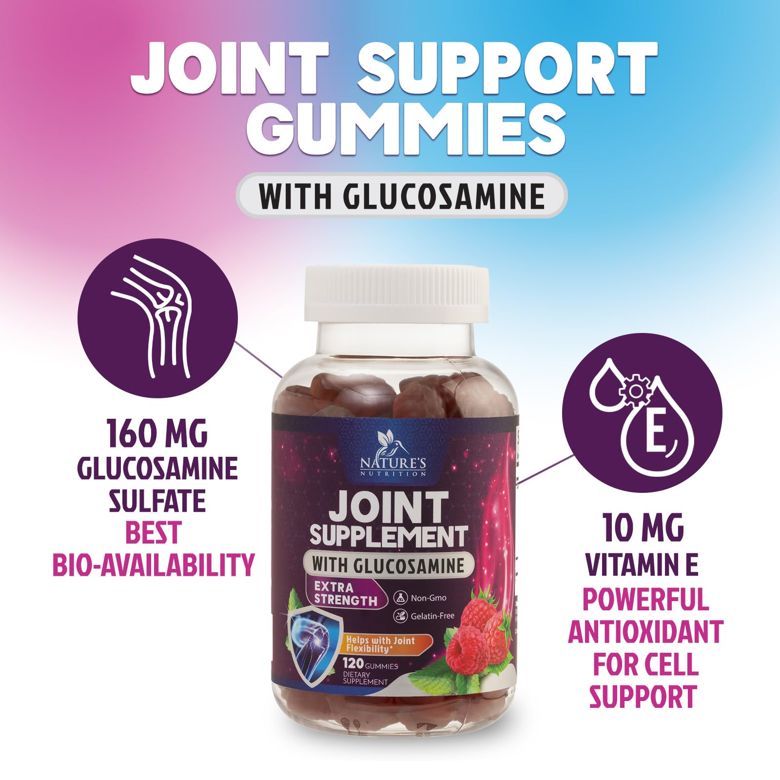 Nature's Nutrition Joint Support Gummies label emphasizes glucosamine and vitamin E blend.