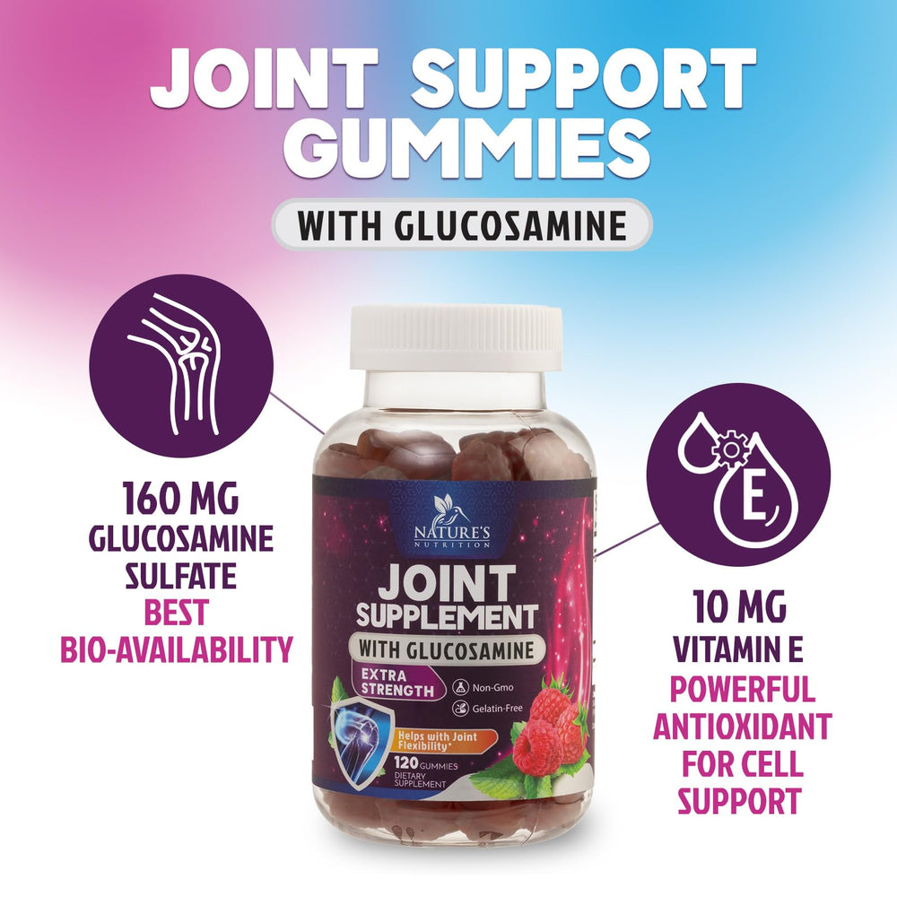 Nature's Nutrition Joint Support Gummies label emphasizes glucosamine and vitamin E blend.