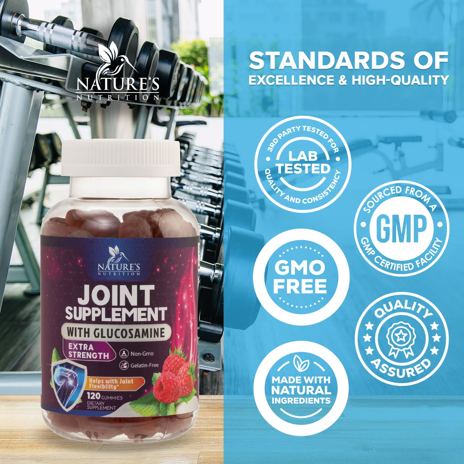 Nature's Nutrition Joint Support Gummies pouring bottle captures convenient, on-the-go supplementation.