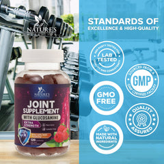 Nature's Nutrition Joint Support Gummies pouring bottle captures convenient, on-the-go supplementation.
