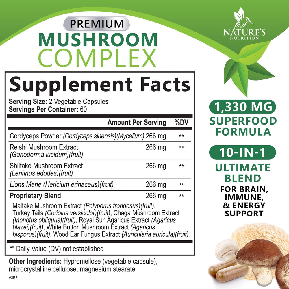 Nature's Nutrition Lions Mane capsules highlighting cognitive support and alertness
