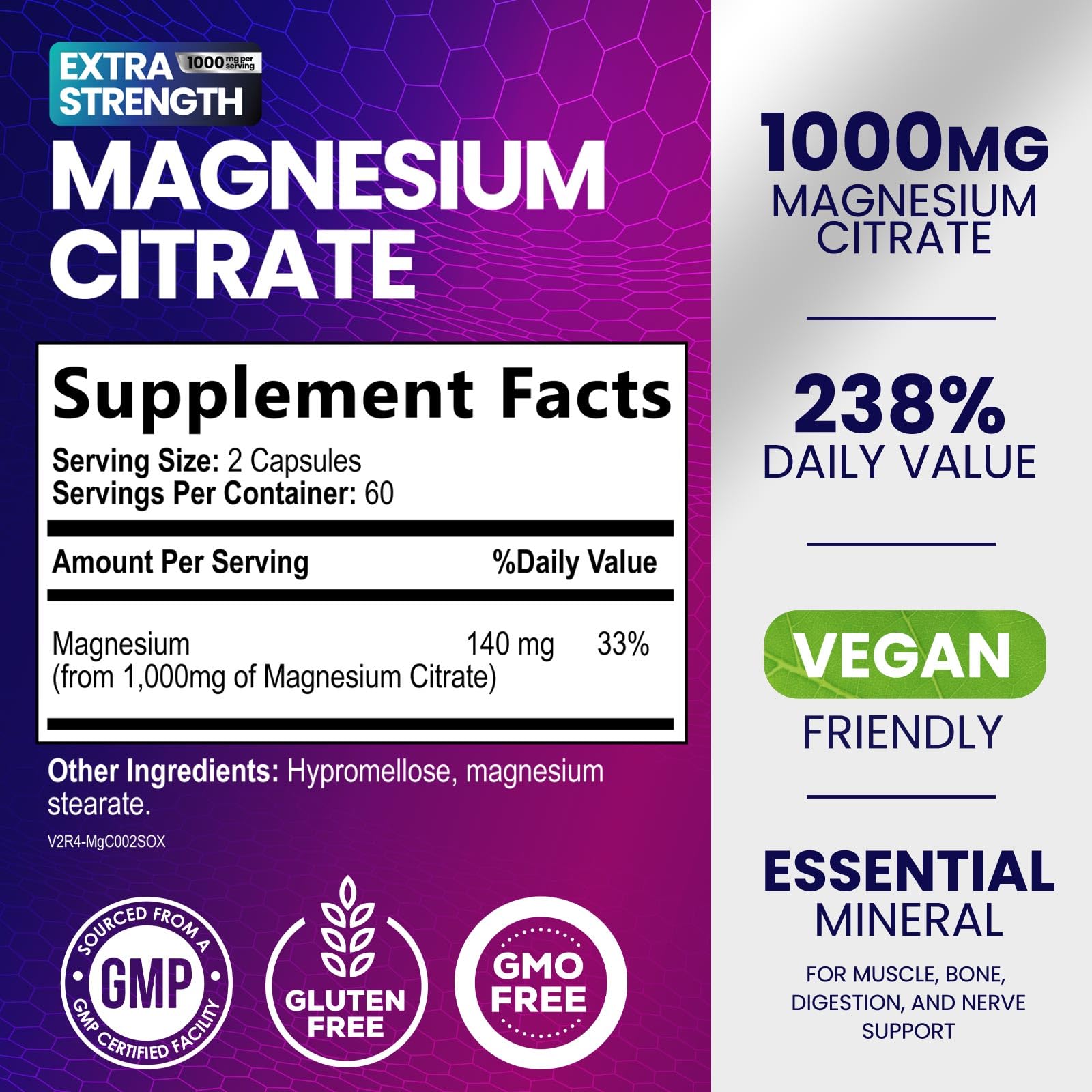 Nature's Nutrition magnesium capsules close-up highlighting vegan, non-GMO supplement.