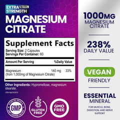 Nature's Nutrition magnesium capsules close-up highlighting vegan, non-GMO supplement.