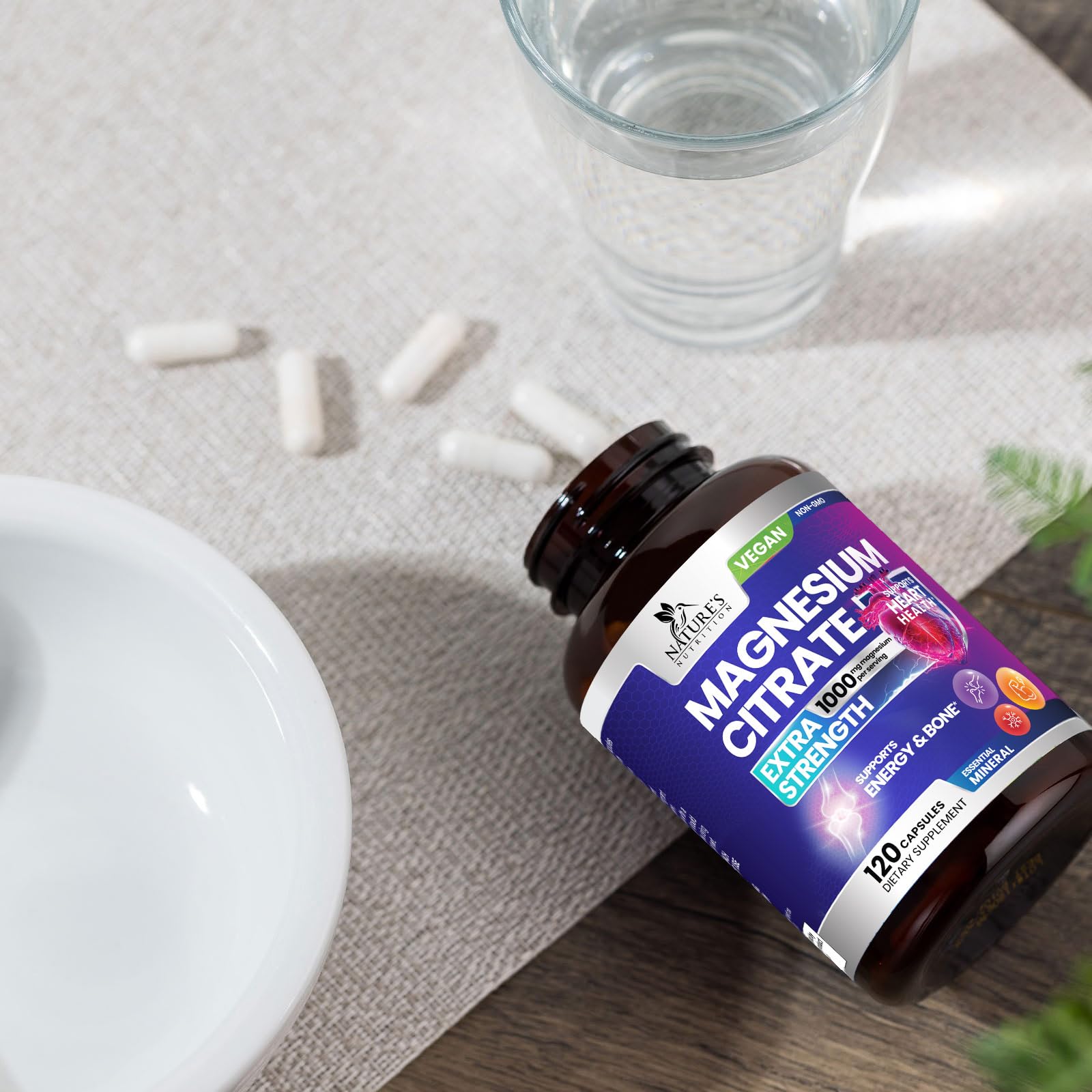 Nature's Nutrition magnesium tablets on desk invite smooth daily supplementation.