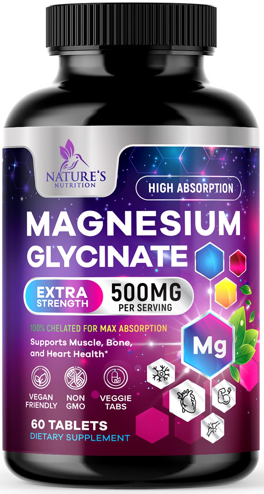 Nature's Nutrition Magnesium Glycinate 250mg bottle highlights a highly absorbable daily supplement.