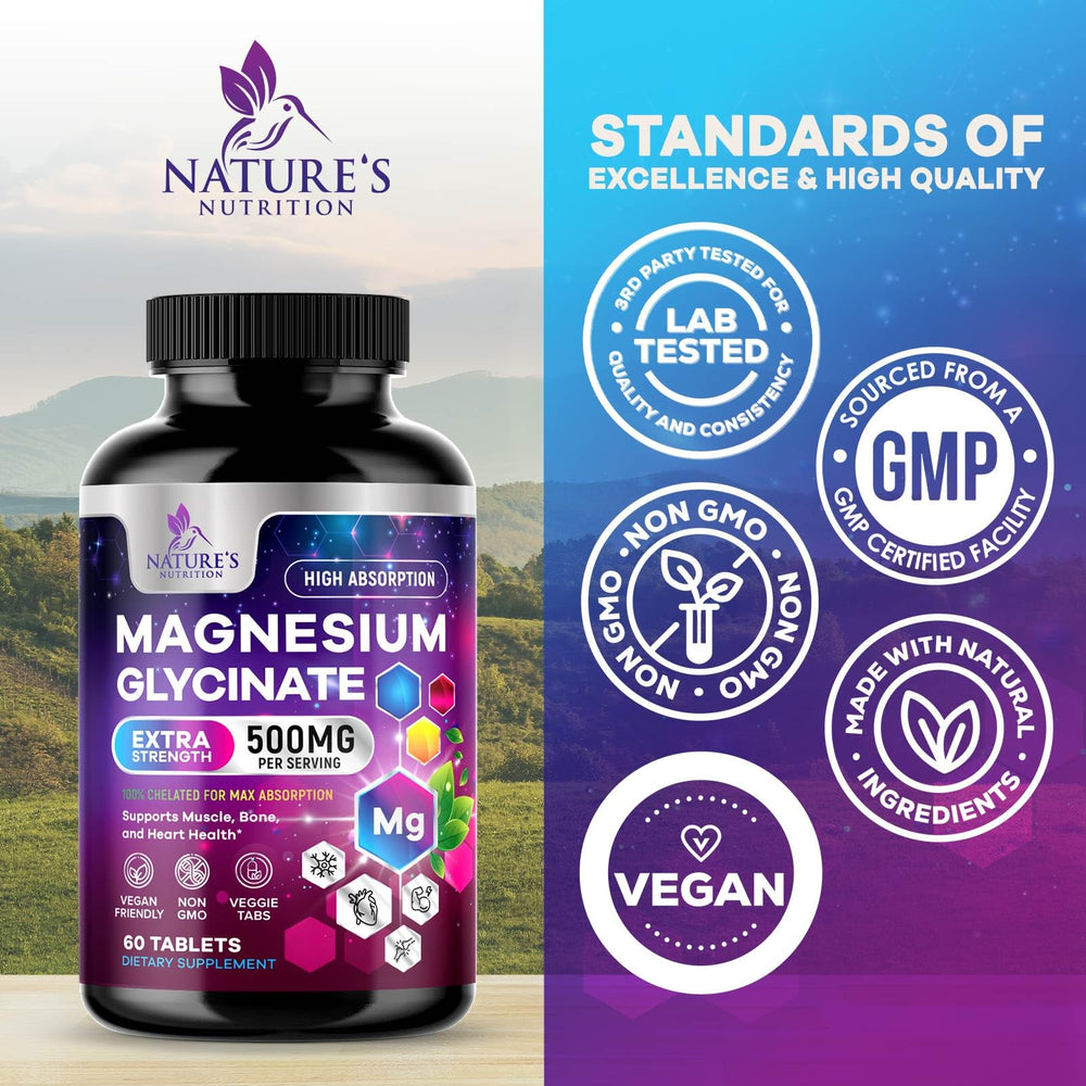 Nature's Nutrition Magnesium Glycinate bottle front showcases non-GMO and gluten-free formulation.
