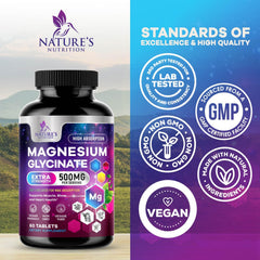 Nature's Nutrition Magnesium Glycinate bottle front showcases non-GMO and gluten-free formulation.
