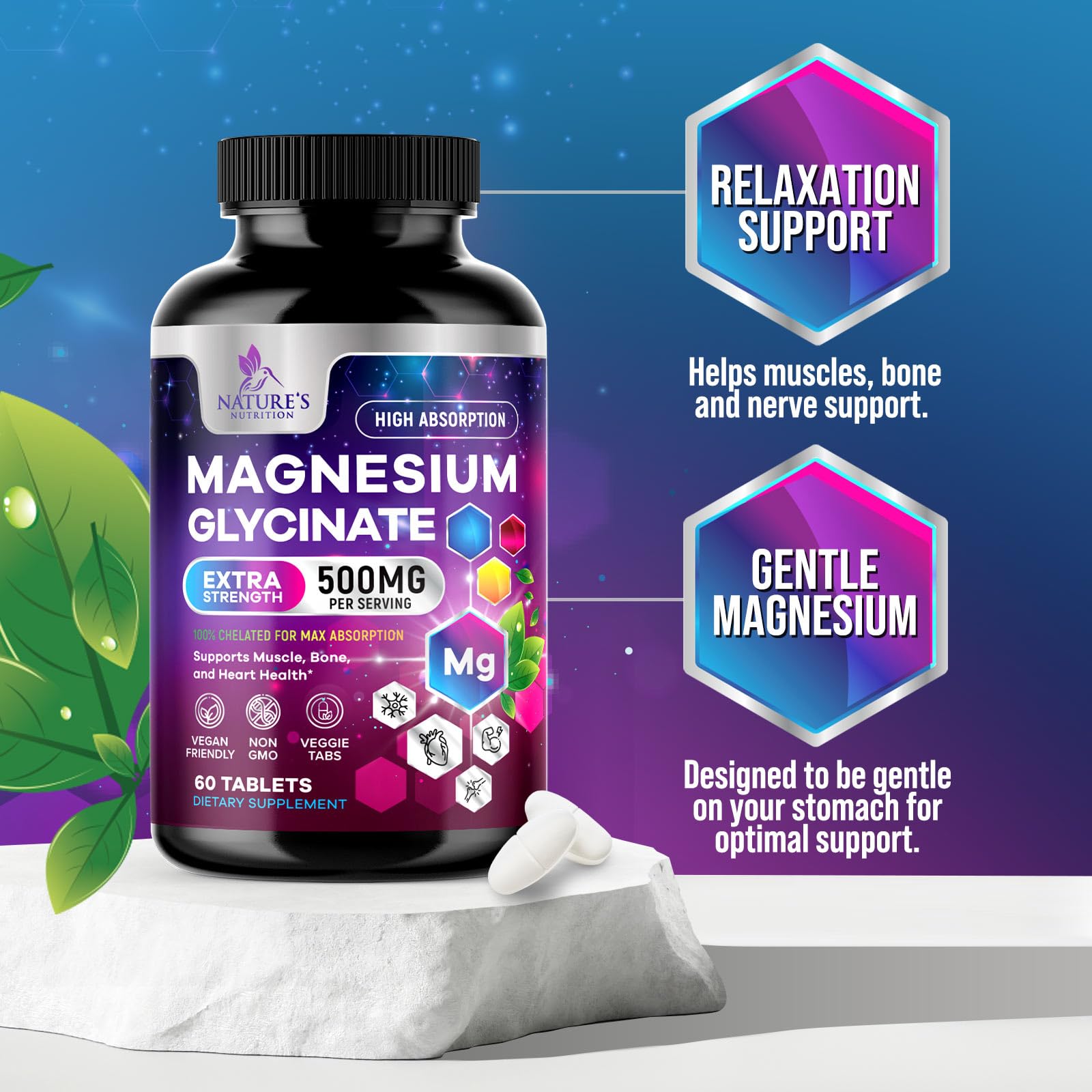 Nature's Nutrition Magnesium Glycinate bottle with glass of water suggests bedtime relaxation.