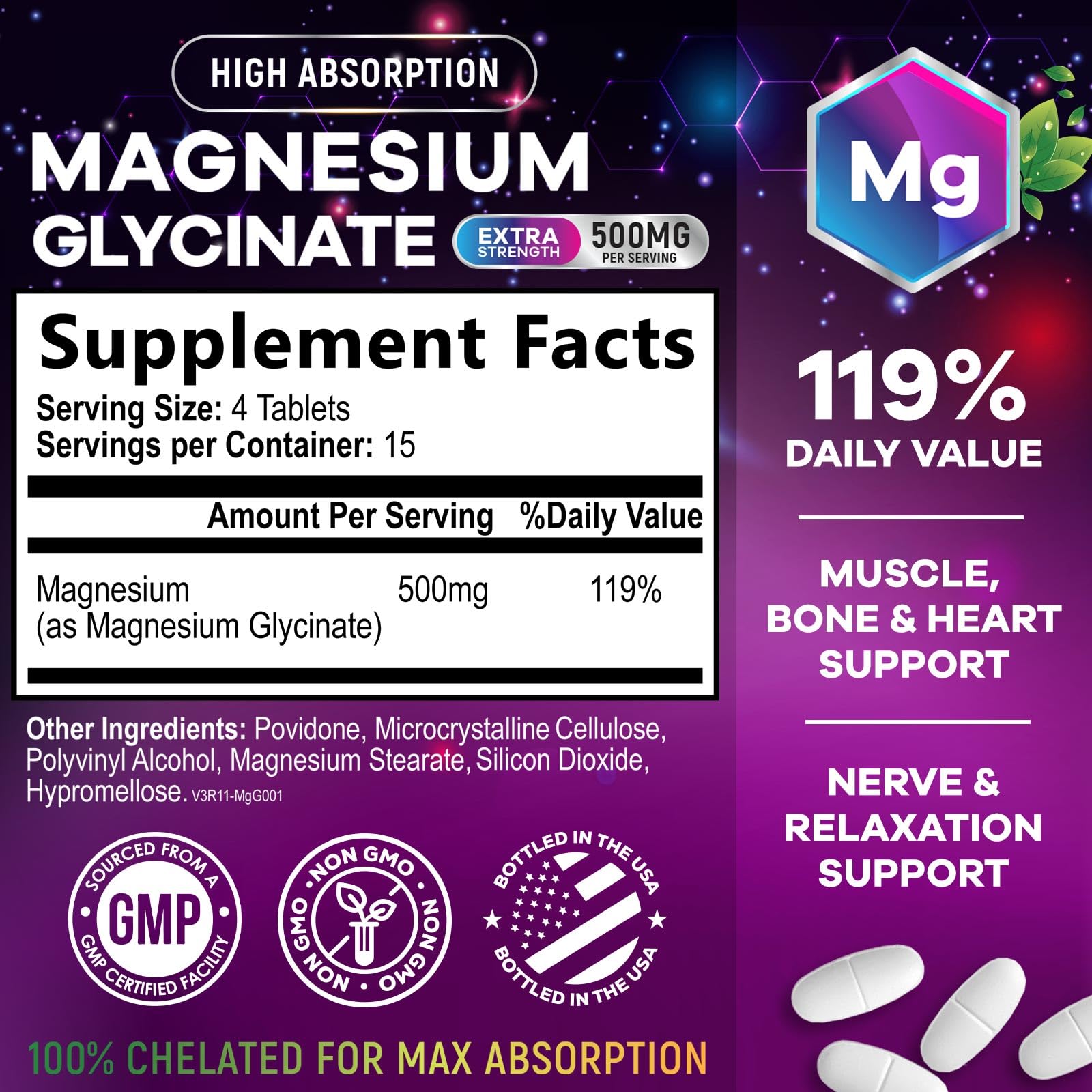 Nature's Nutrition Magnesium Glycinate capsules closeup emphasizes gentle digestion and heart support.