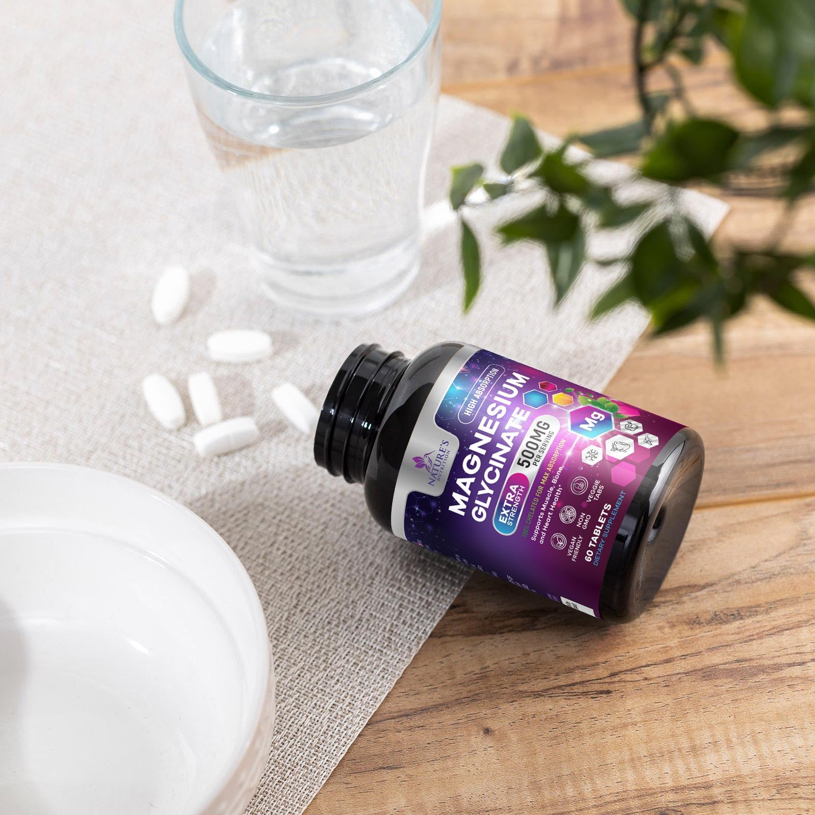 Nature's Nutrition Magnesium Glycinate jar closeup showcases purified, trusted formula.