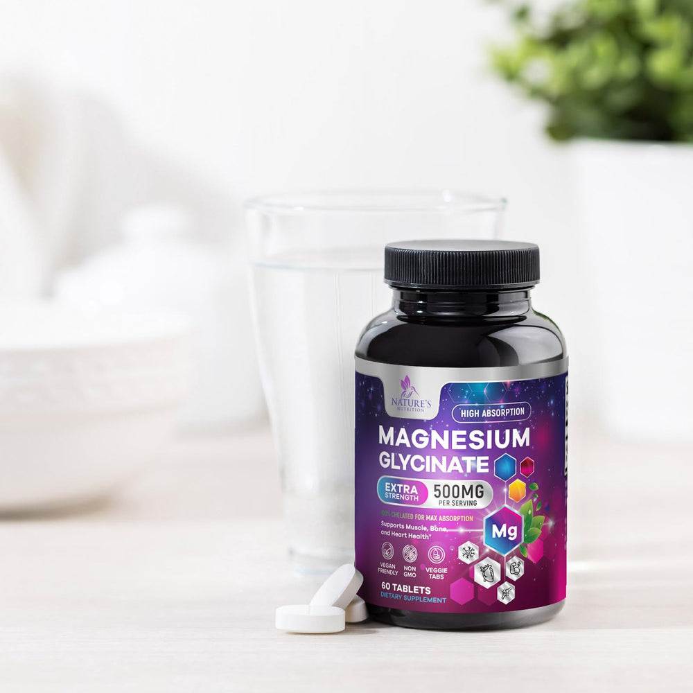 Nature's Nutrition Magnesium Glycinate packaging on shelf signals quality and consistency.